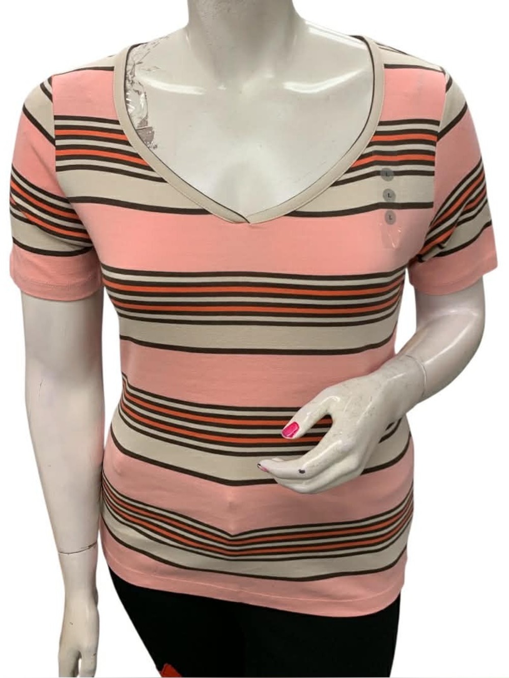 Northern Reflections Pink Multistripe V-Neck Short Sleeve Top Size L
